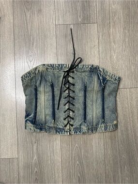 Dolls Kill Distressed Denim Lace-Up Corset Top - Blue